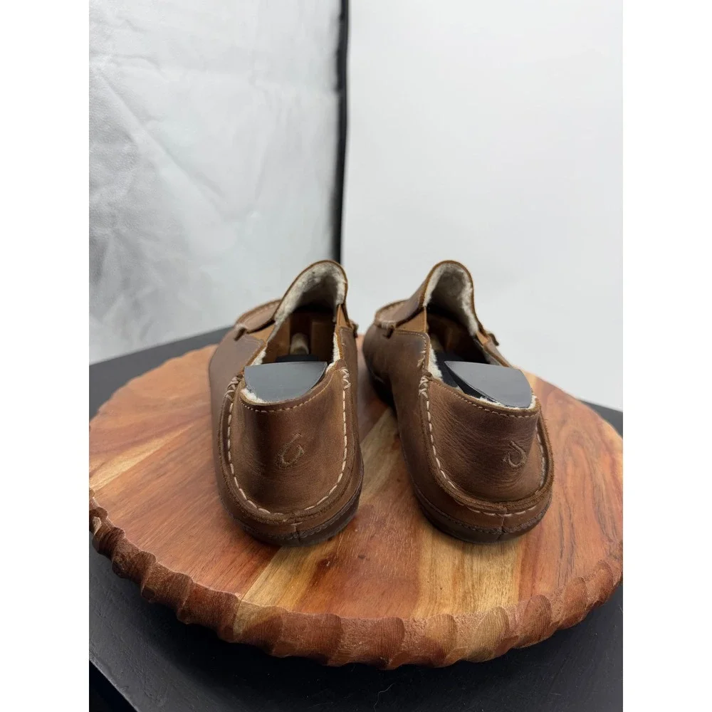 OluKai Moloa Slipper Loafer Mens Size 8 Brown Leather Shearling Lined 10252-3363